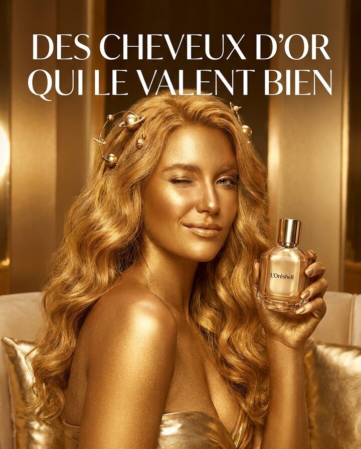 Publicité originale d'une marque concurrente : campagne dorée façon parfum de luxe.